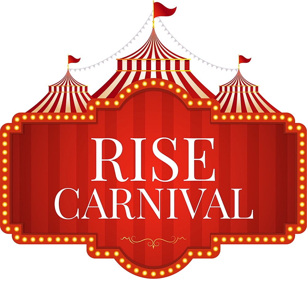Red carnival sign with text Rise Carnival.