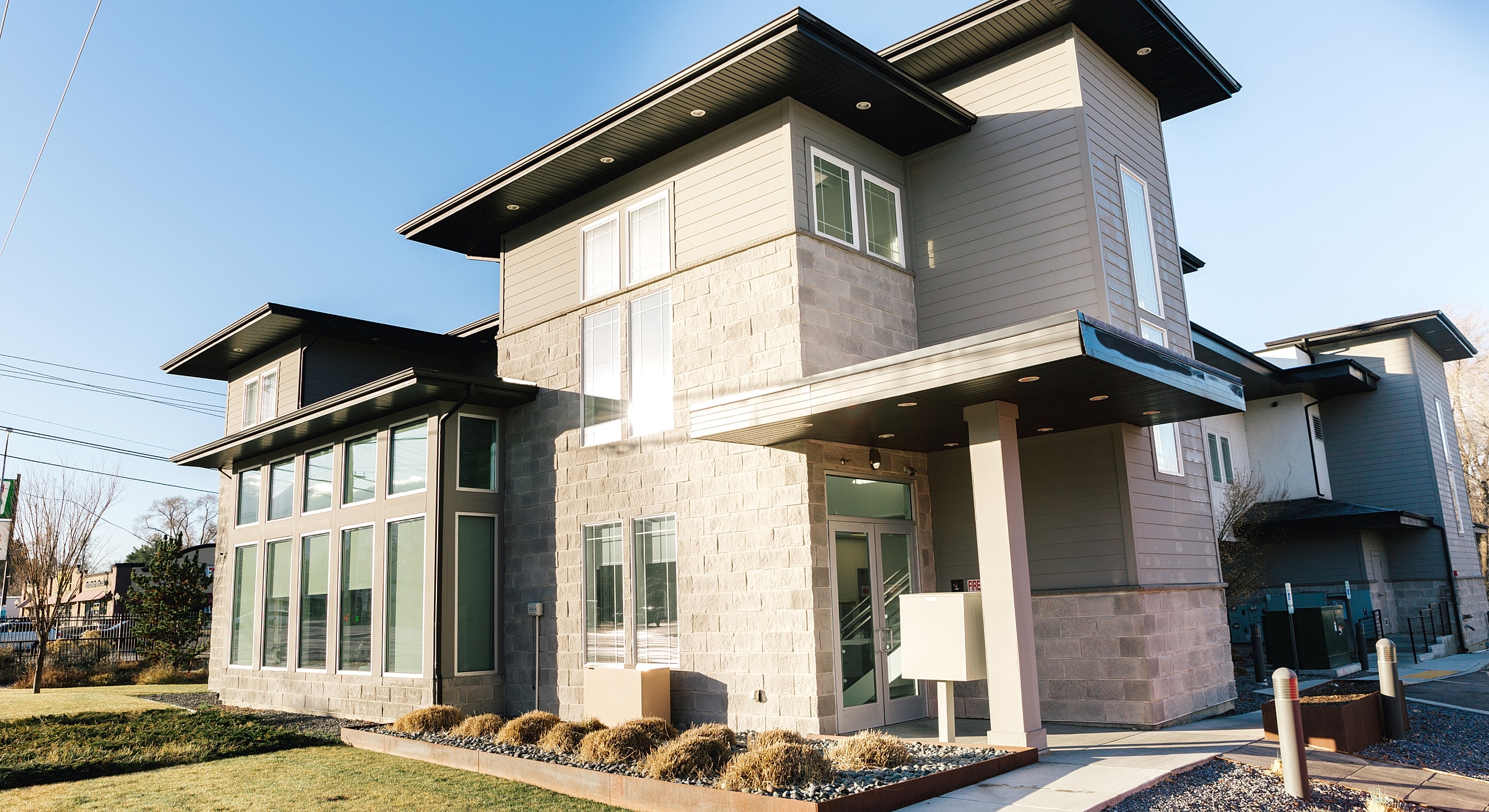 Modern building with large windows and unique design
